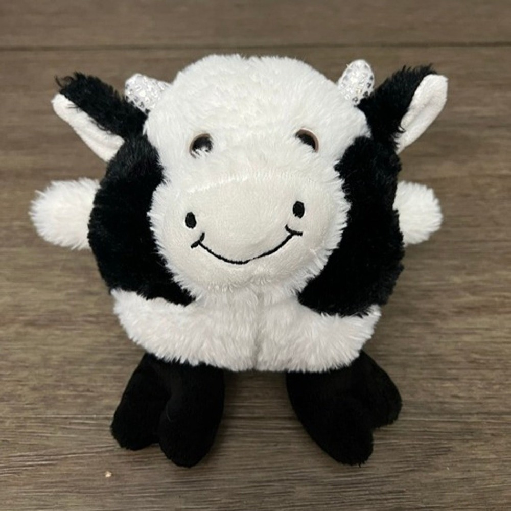 Way to Celebrate Black White Cow Plush Stuffed Animal Toy Sparkle Horns Heart